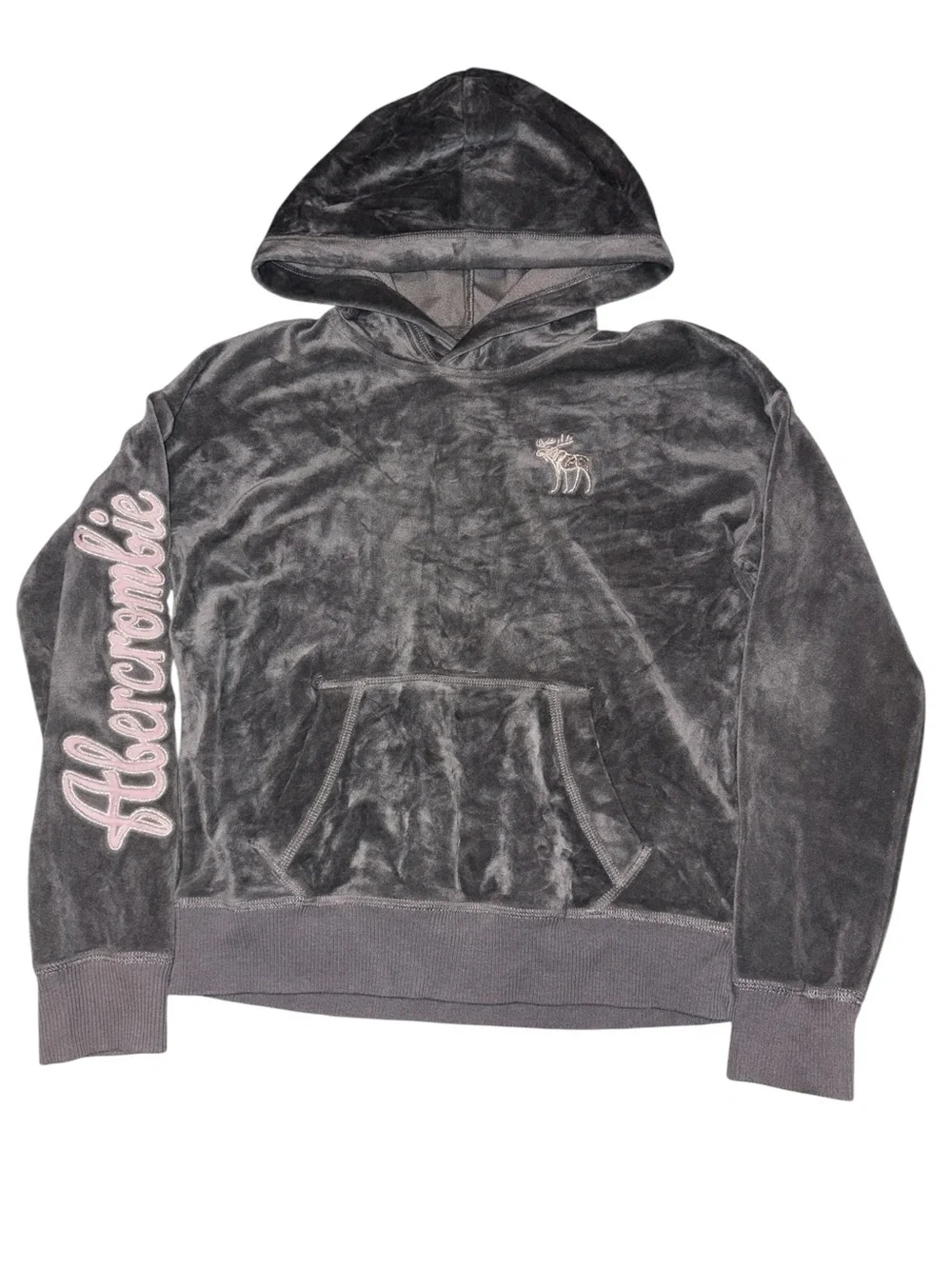 Abercrombie Kids Gray Velvet Logo Hoodie with Pink Script